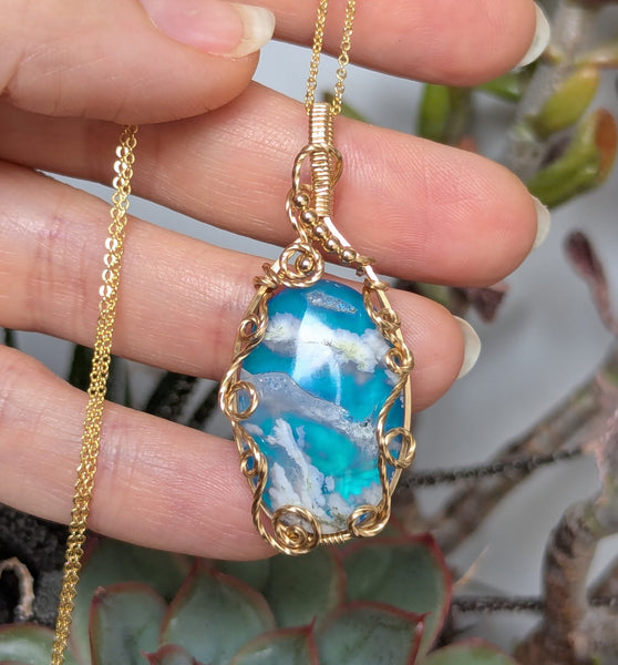 Plume Agate Wire Wrapped Yellow Gold-fill Pendant w/ Chain
