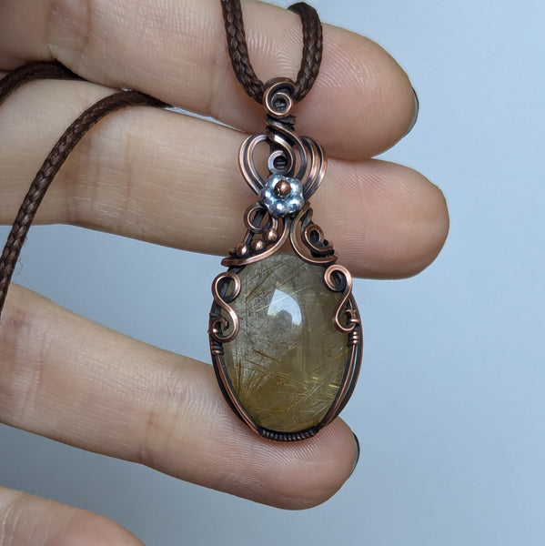 Golden Rutile Quartz Wire Wrapped Pendant in Oxidized Copper