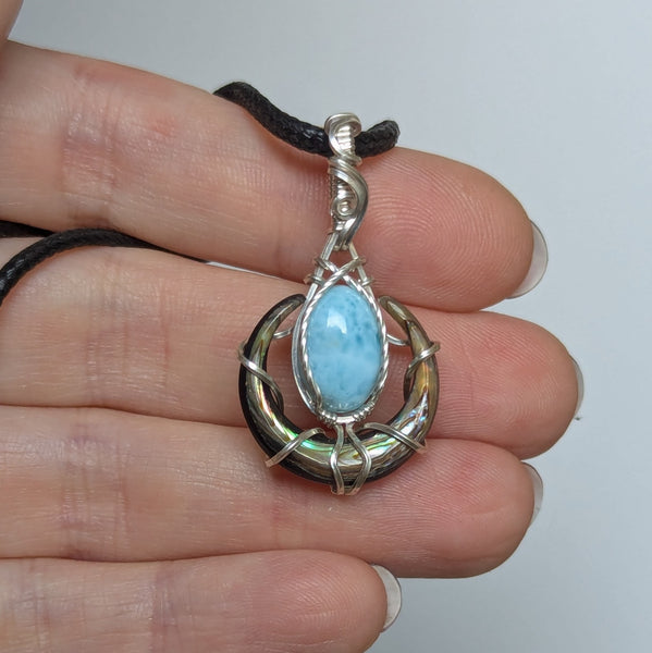 Abalone Crescent Moon & Larimar Wire Wrapped Sterling Silver Pendant