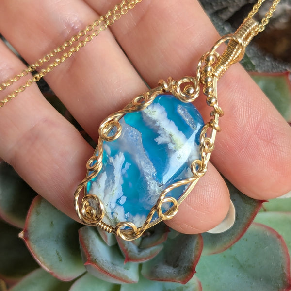 Plume Agate Wire Wrapped Yellow Gold-fill Pendant w/ Chain