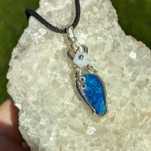 Australian Opal Doublet Wire Wrapped Sterling Silver Pendant