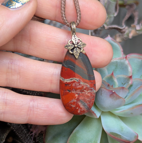 Red Jasper Pendant in Antique Brass