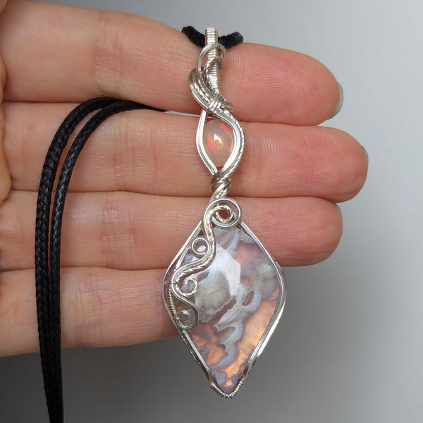 Plume Agate Doublet & Welo Opal Wire Wrapped Pendant in Sterling Silver