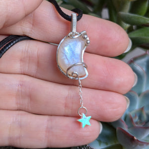 Crescent Moonstone Wire Wrapped Mini Pendant in Sterling Silver