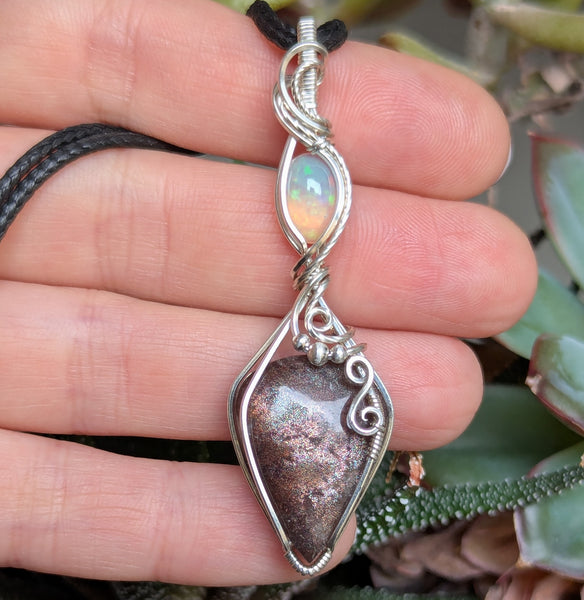 Red Sunstone & Welo Opal Wire Wrapped Pendant in Sterling Silver