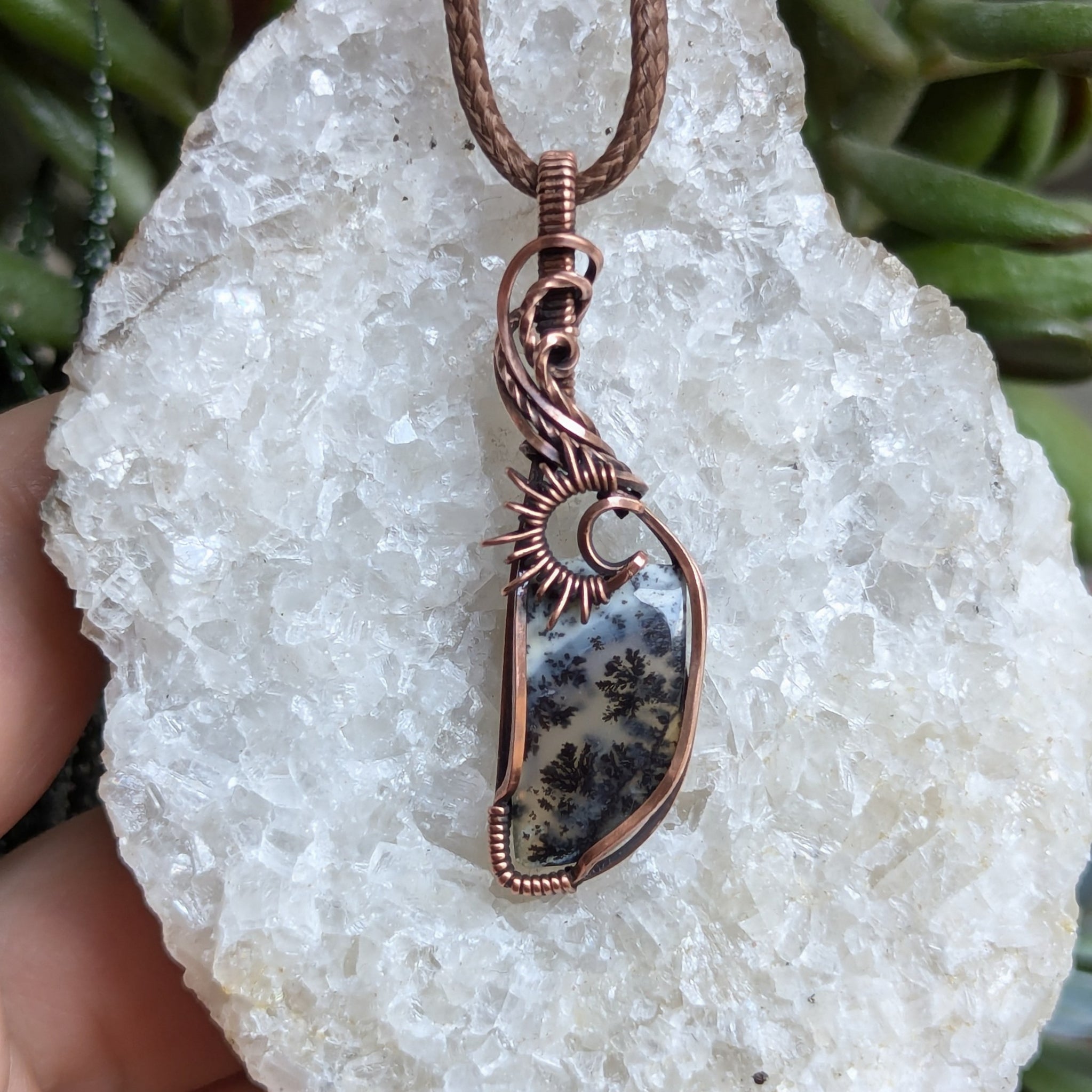 Dendritic Opal (Merlinite) Wire Wrapped Pendant in Oxidized Copper