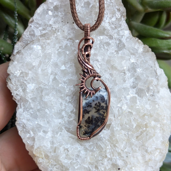 Dendritic Opal (Merlinite) Wire Wrapped Pendant in Oxidized Copper