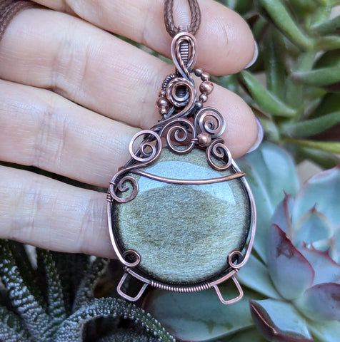Golden Sheen Obsidian Wire Wrapped Cauldron Pendant in Oxidized Copper