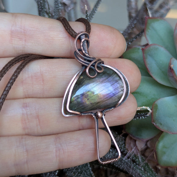 Labradorite Mushroom Wire Wrapped Pendant in Oxidized Copper