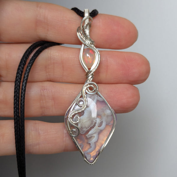 Plume Agate Doublet & Welo Opal Wire Wrapped Pendant in Sterling Silver