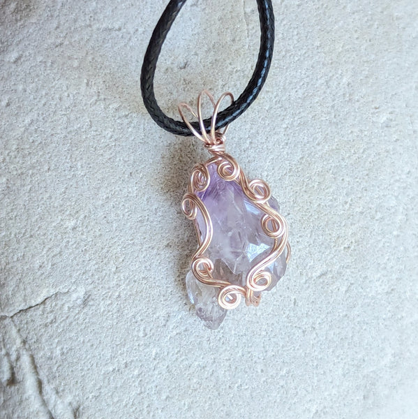 Raw Amethyst Crystal Wire Wrapped Pendant in Pink Enameled Copper