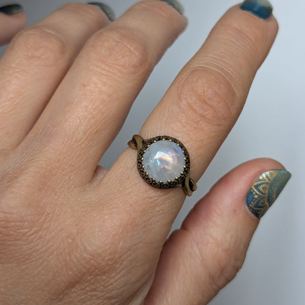 Rainbow Moonstone Size 7.5 Ring in Oxidized Brass