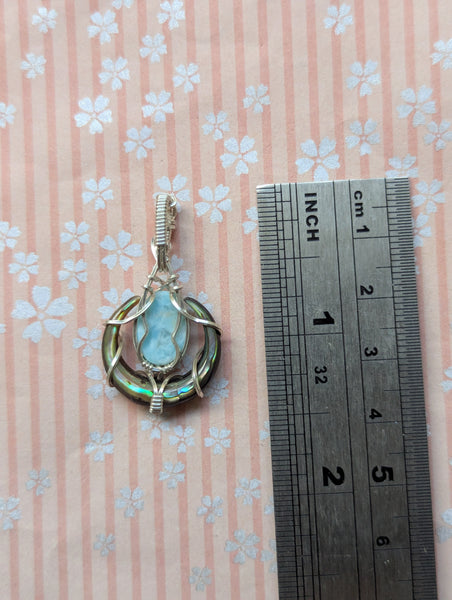 Abalone Crescent Moon & Larimar Wire Wrapped Sterling Silver Pendant