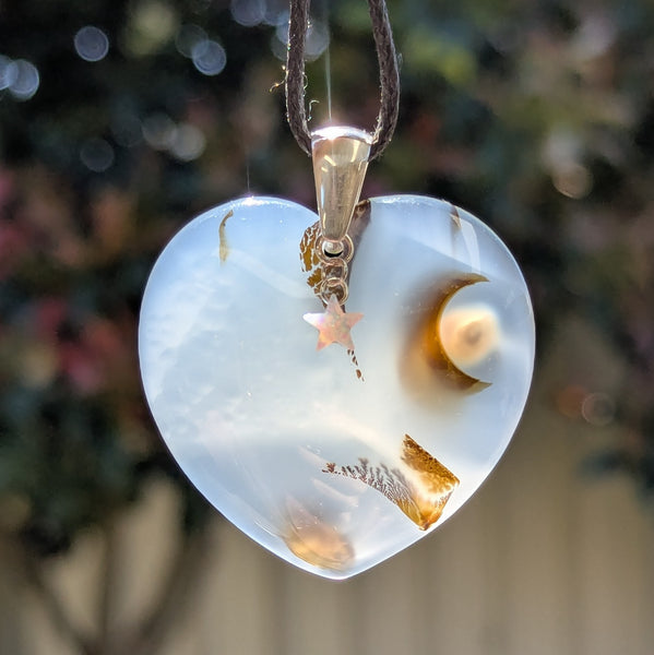 Dendritic Agate Heart Sterling Silver Pendant