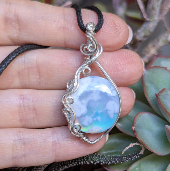 Plume Agate Doublet Wire Wrapped Pendant in Sterling Silver