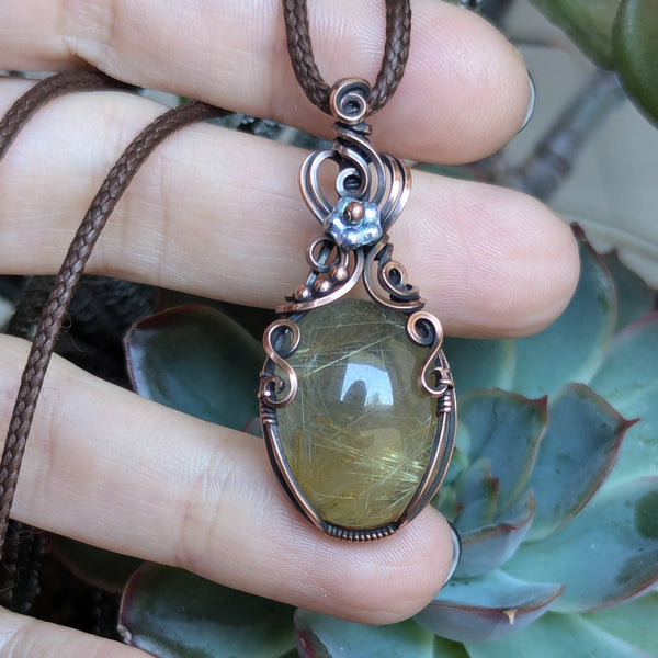 Golden Rutile Quartz Wire Wrapped Pendant in Oxidized Copper