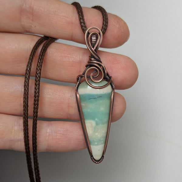 Blue Opalized Wood Wire Wrapped Pendant in Oxidized Copper