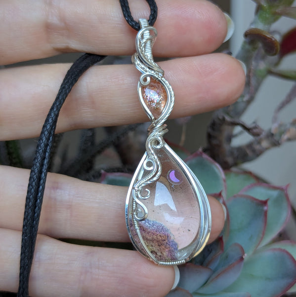 Lodolite Quartz & Sunstone Wire Wrapped Pendant in Sterling Silver