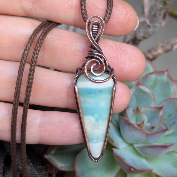 Blue Opalized Wood Wire Wrapped Pendant in Oxidized Copper