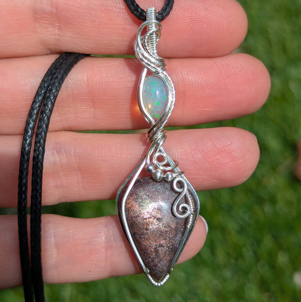 Red Sunstone & Welo Opal Wire Wrapped Pendant in Sterling Silver