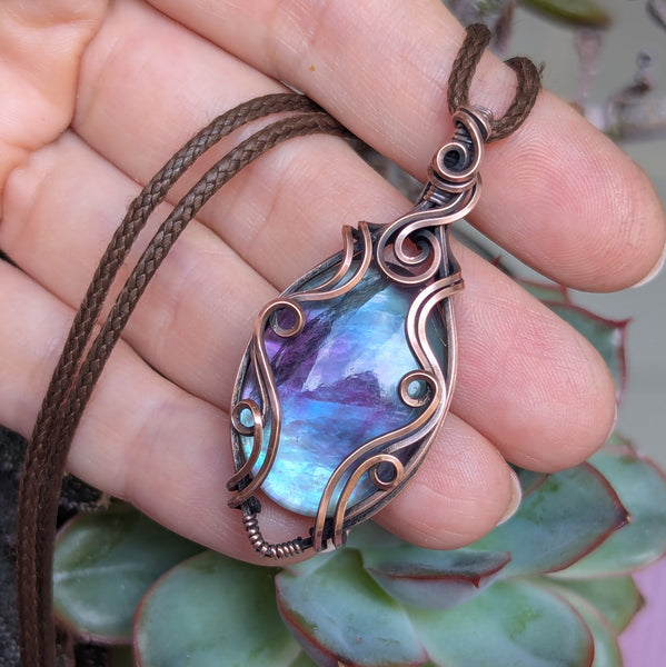 Fluorite Doublet Wire Wrapped Pendant in Oxidized Copper