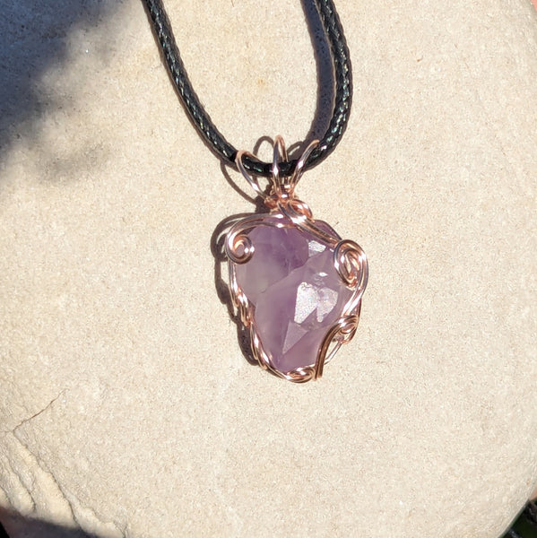 Raw Amethyst Crystal Wire Wrapped Pendant in Pink Enameled Copper