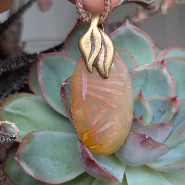 Stick Agate Leaf Bail Pendant in Antique Brass