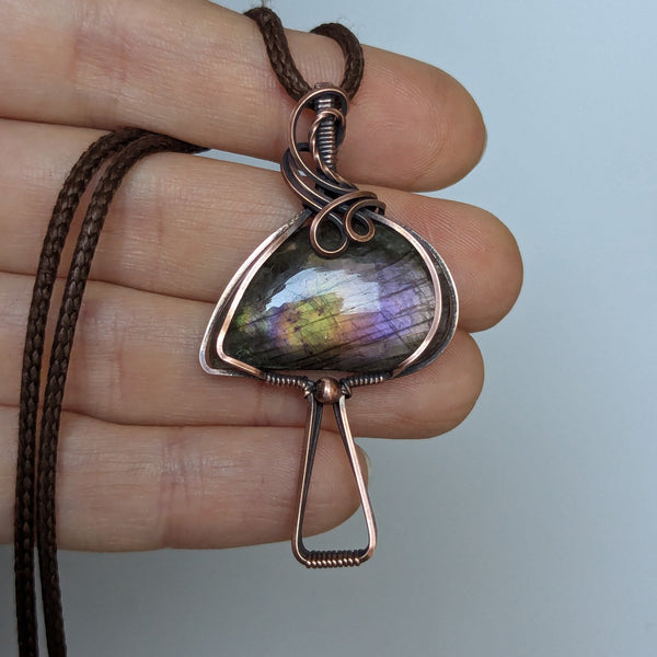 Labradorite Mushroom Wire Wrapped Pendant in Oxidized Copper