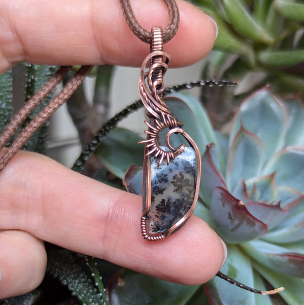 Dendritic Opal (Merlinite) Wire Wrapped Pendant in Oxidized Copper