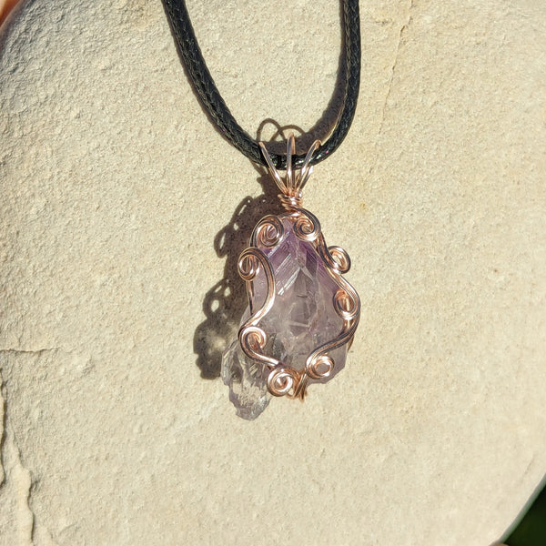 Raw Amethyst Crystal Wire Wrapped Pendant in Pink Enameled Copper