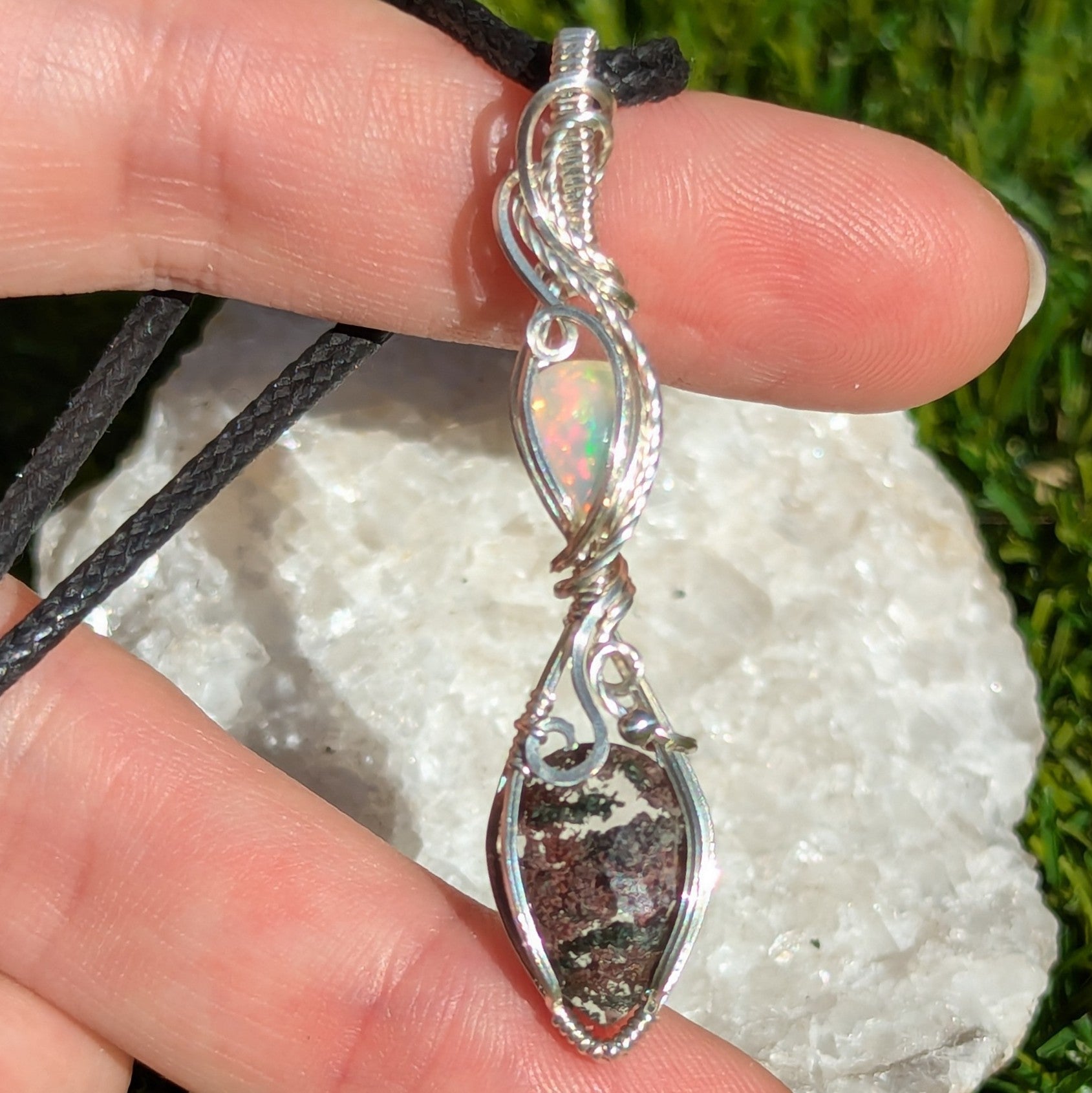 Lodolite Quartz & Welo Opal Wire Wrapped Sterling Silver Pendant