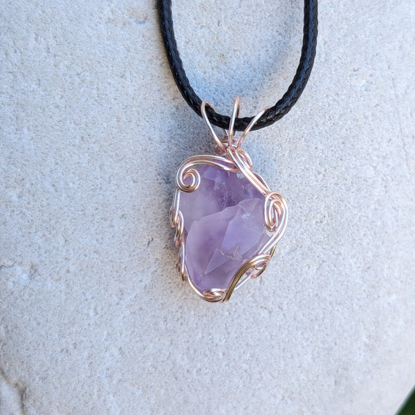 Raw Amethyst Crystal Wire Wrapped Pendant in Pink Enameled Copper