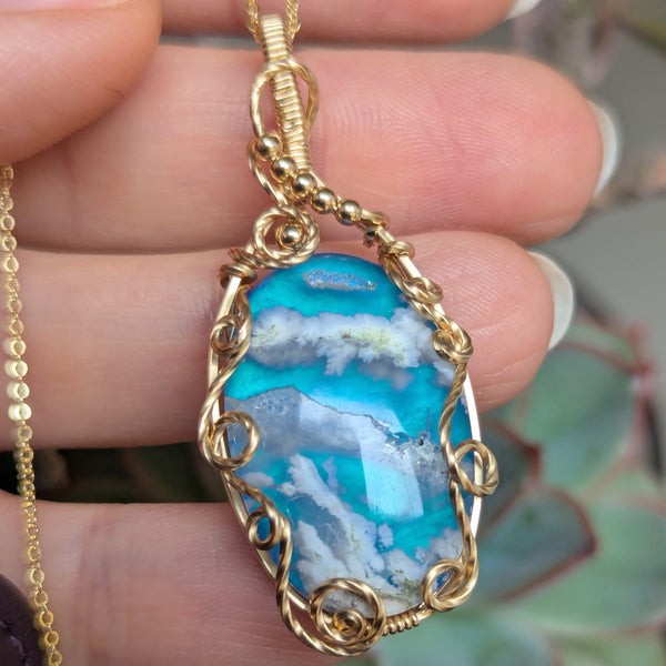 Plume Agate Wire Wrapped Yellow Gold-fill Pendant w/ Chain