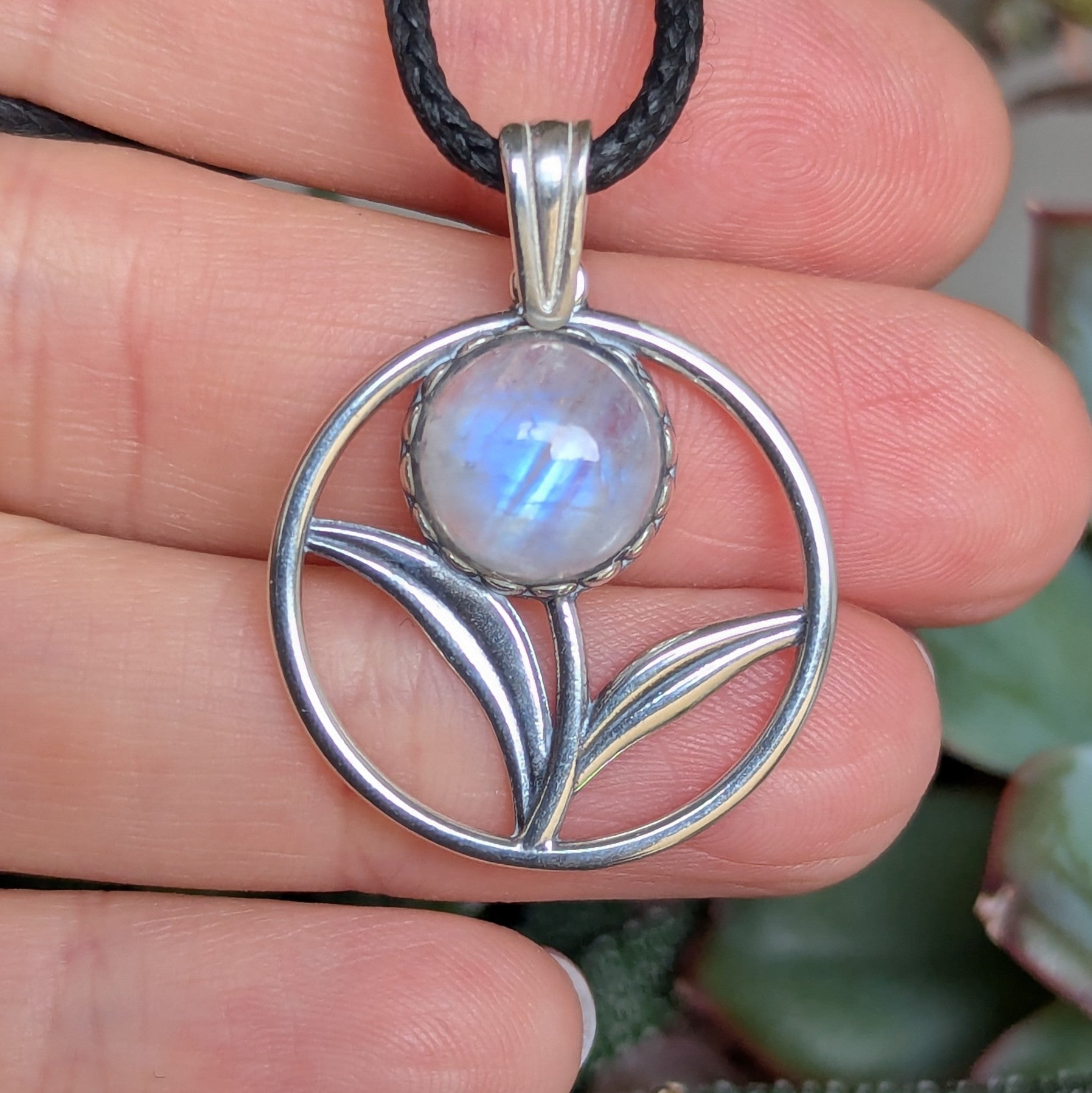 Rainbow Moonstone Flower Pendant in Sterling Silver