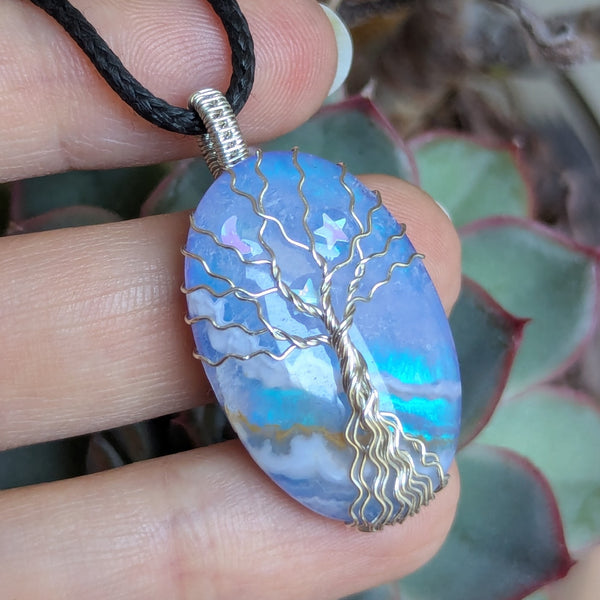 Plume Agate Wire Wrapped Tree of Life Pendant in Sterling Silver