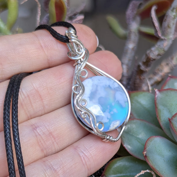 Plume Agate Doublet Wire Wrapped Pendant in Sterling Silver