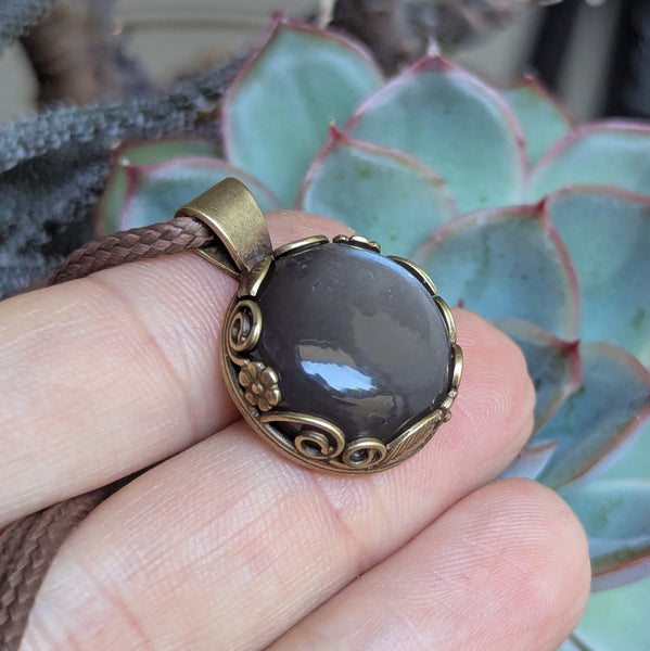 Grey Moonstone Pendant in Antique Brass