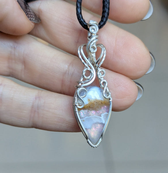 Plume Agate Doublet Wire Wrapped Pendant in Sterling Silver