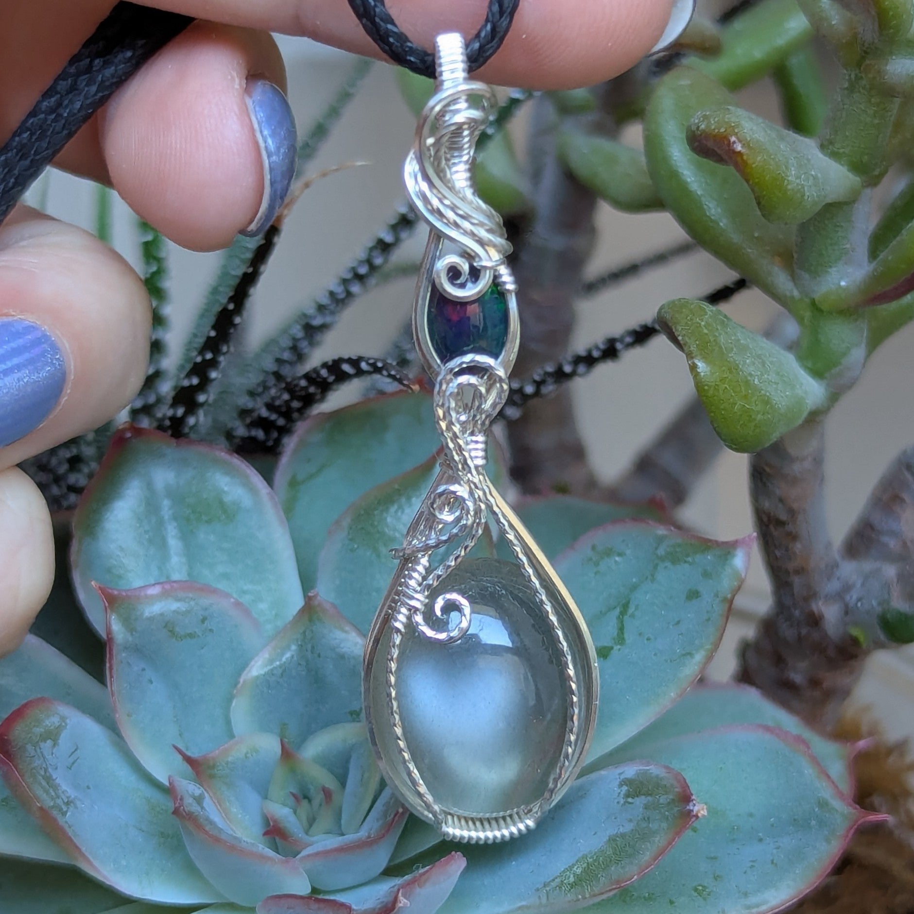 Grey Moonstone & Welo Opal Wire Wrapped Sterling Silver Pendant