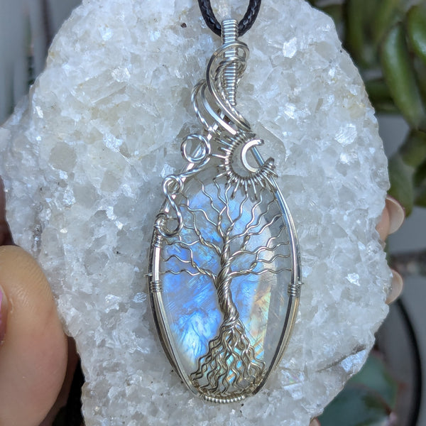 Rainbow Moonstone Tree of Life Wire Wrapped Pendant in Sterling Silver