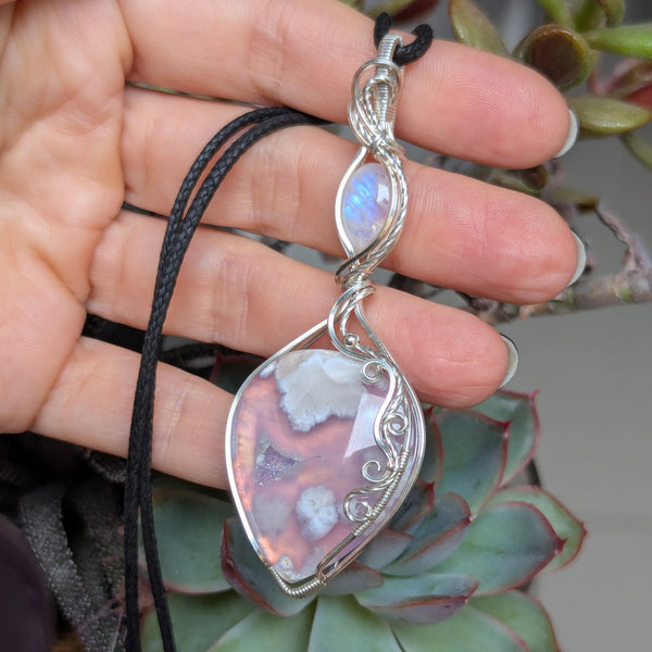 Plume Agate Doublet & Rainbow Moonstone Wire Wrapped Pendant in Sterling Silver