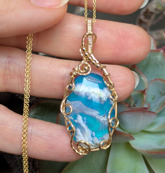 Plume Agate Wire Wrapped Yellow Gold-fill Pendant w/ Chain