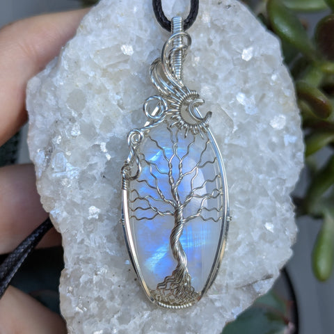 Rainbow Moonstone Tree of Life Wire Wrapped Pendant in Sterling Silver