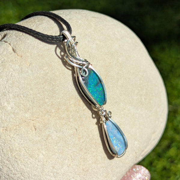 Australian Opal Doblet Wire Wrapped Pendant in Sterling Silver