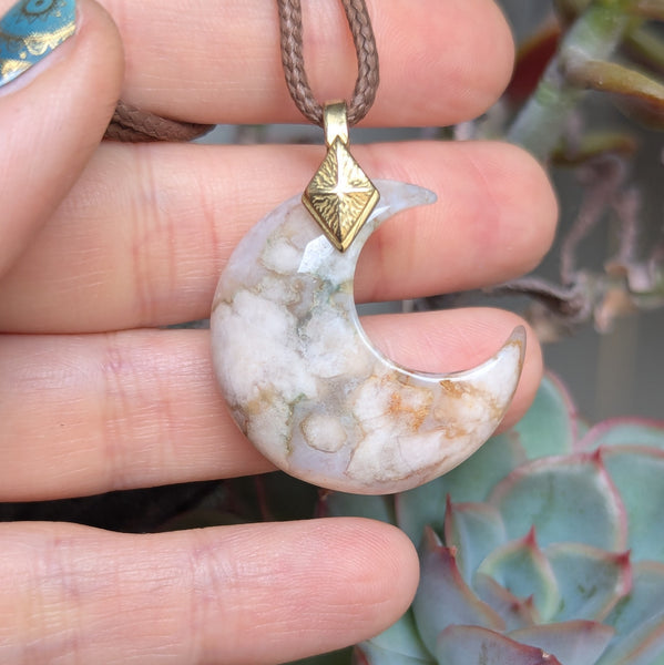 Flower Agate Crescent Moon Pendant in Brass