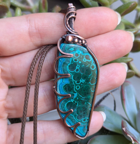 Malachite Wire Wrapped Pendant in Oxidized Copper