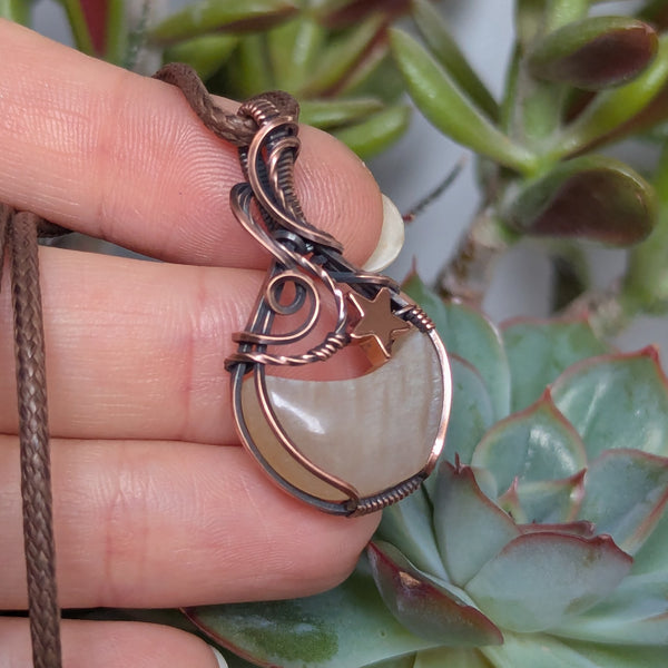 Rainbow Moonstone Crescent Wire Wrapped Pendant in Oxidized Copper