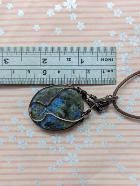 Labradorite Wire Wrapped  Enamelled & Oxidized Copper Pendant