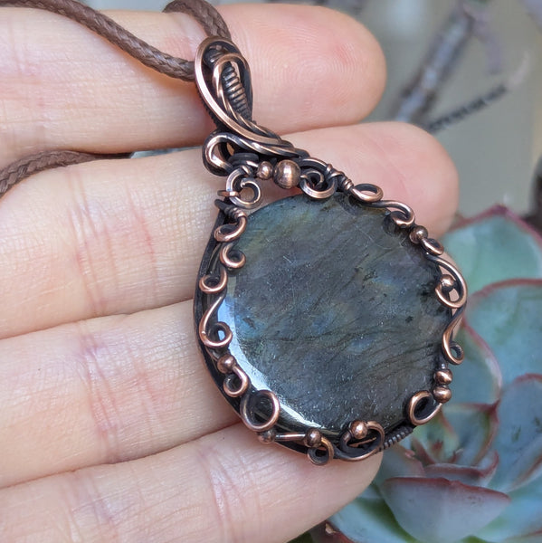 Labradorite Swirly Wire Wrapped Pendant in Oxidized Copper
