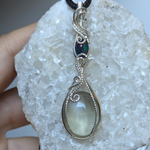 Grey Moonstone & Welo Opal Wire Wrapped Sterling Silver Pendant